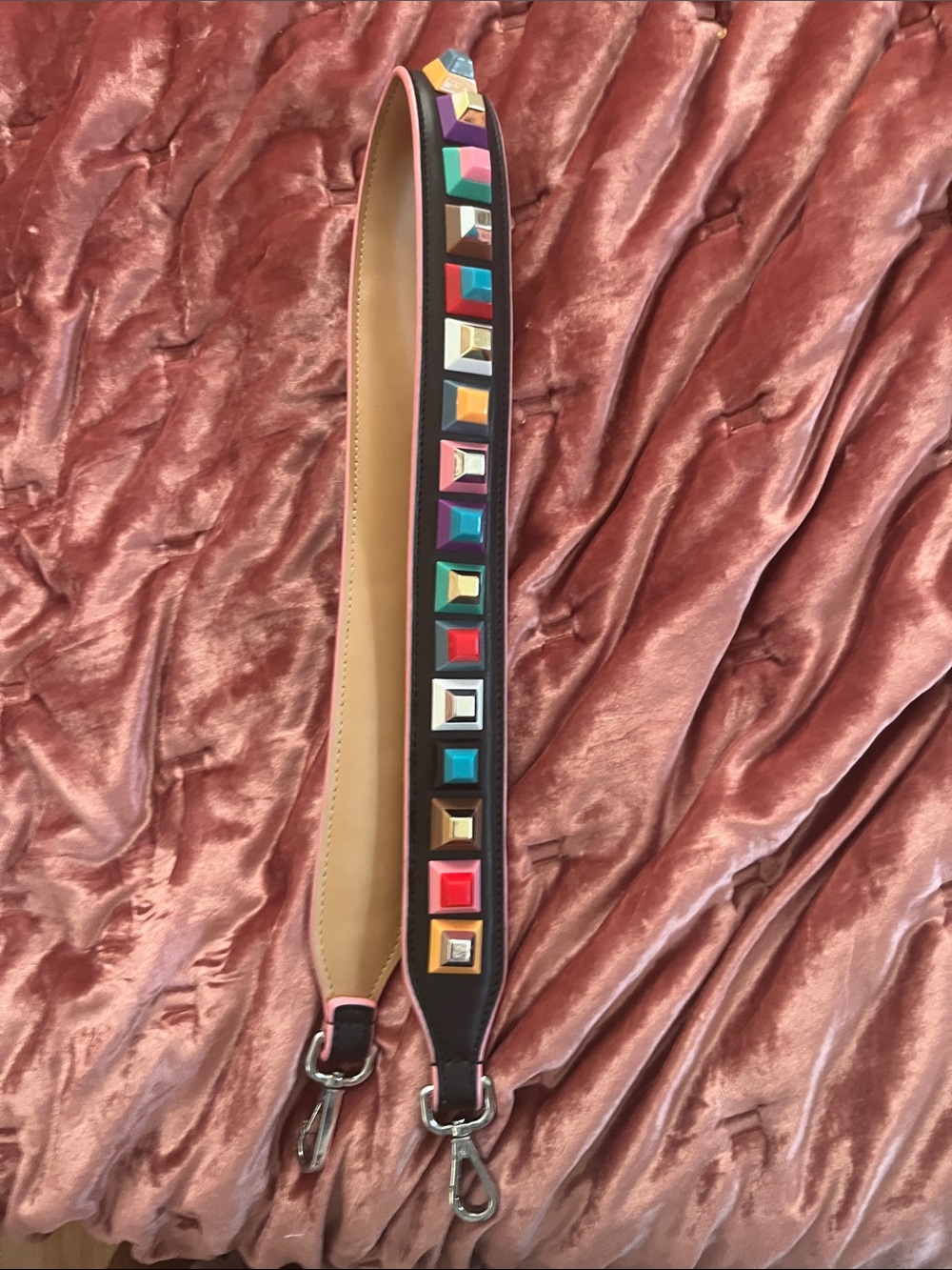 Fendi Black Leather Shoulder Strap with Multicolor Pyramid Studs